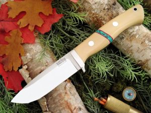 Bark River Drop Point Hunter, Antique Ivory Micarta Turquoise Spacers
